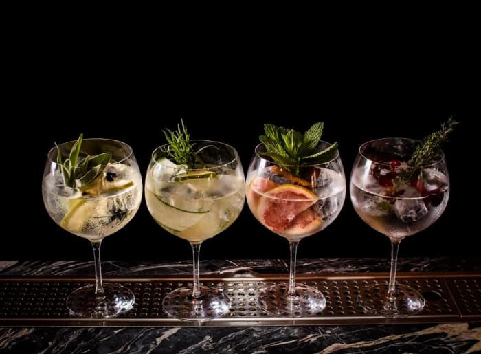Whisky, gin, rum and vodka served with different drink mixers