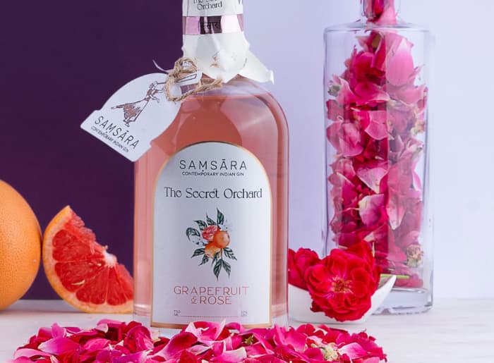 Premium gin bottles with juniper berries, citrus peel and botanical ingredients