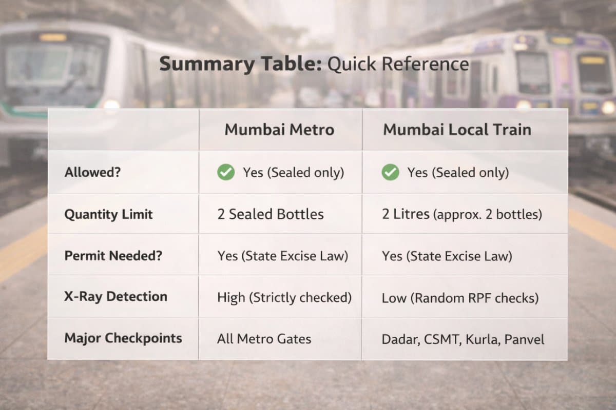 Summary Table of Can You Carry Alcohol In Mumbai Local & Metro