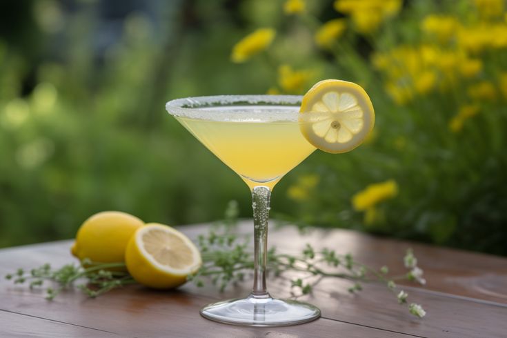 A good drink for first-time drinkers, the picture features a lemon drop Martini atop a wooden table and lemons.  