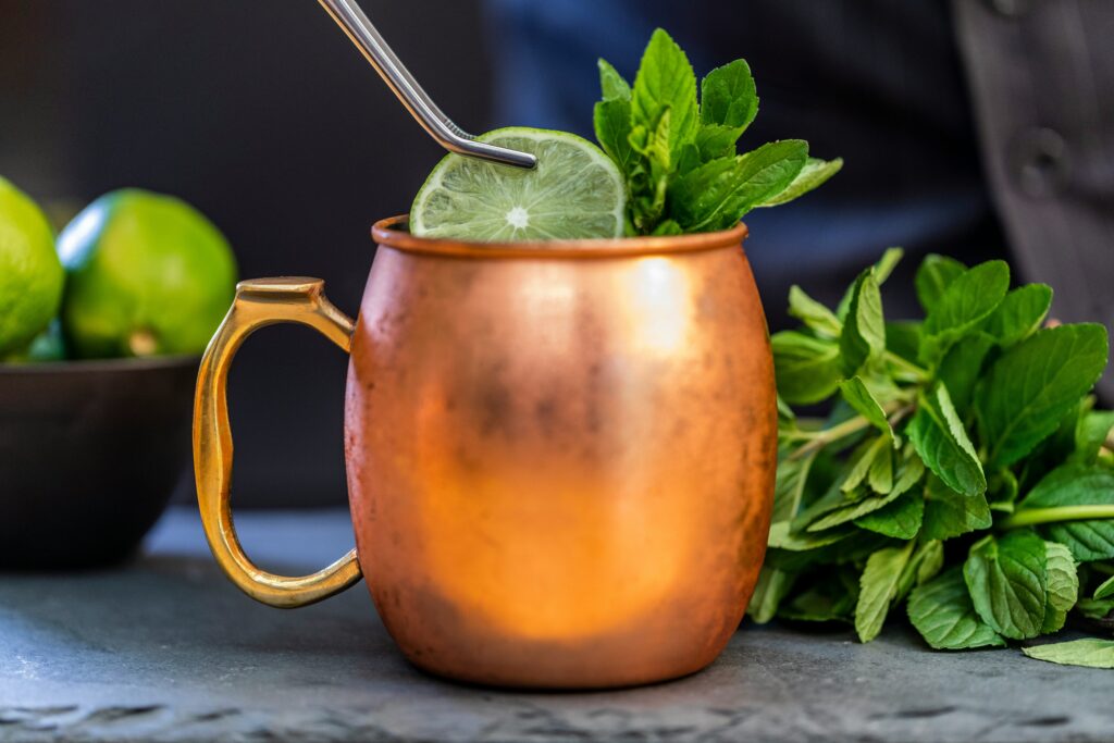 This is an image of the sambuca Mule, a variation of the iconic Russian Mule. This sambuca cocktail is perfect for a sunny day. 