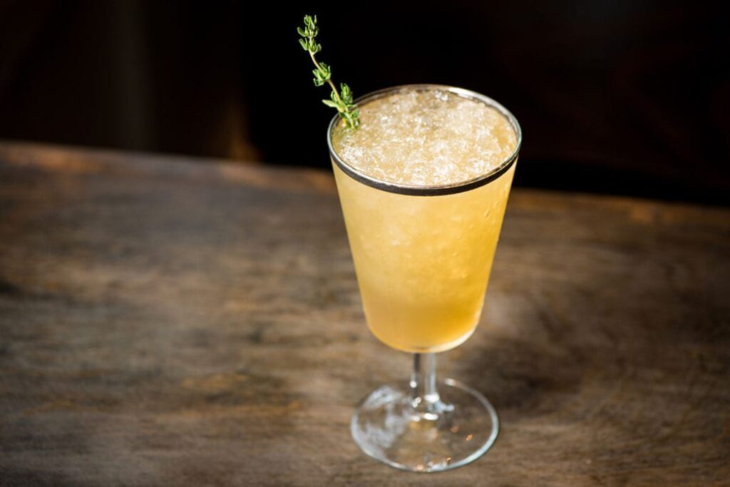 The Queen Bee cocktail is made with apple brandy (which has a very unique flavor) combined with honey and lemon verbena liqueur