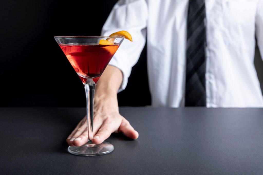 A glass of Martinez, a popular Martini variation with a striking color.