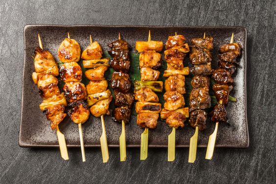 Yakitori or grilled chicken is a common snack accompanying drinking in Japan