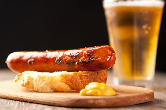 Bratwurst sausage, a snack enjoyed with beer in German drinking culture.