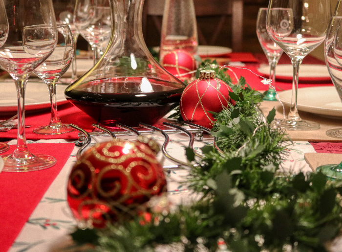 Christmas decor and drinks laid out on a table